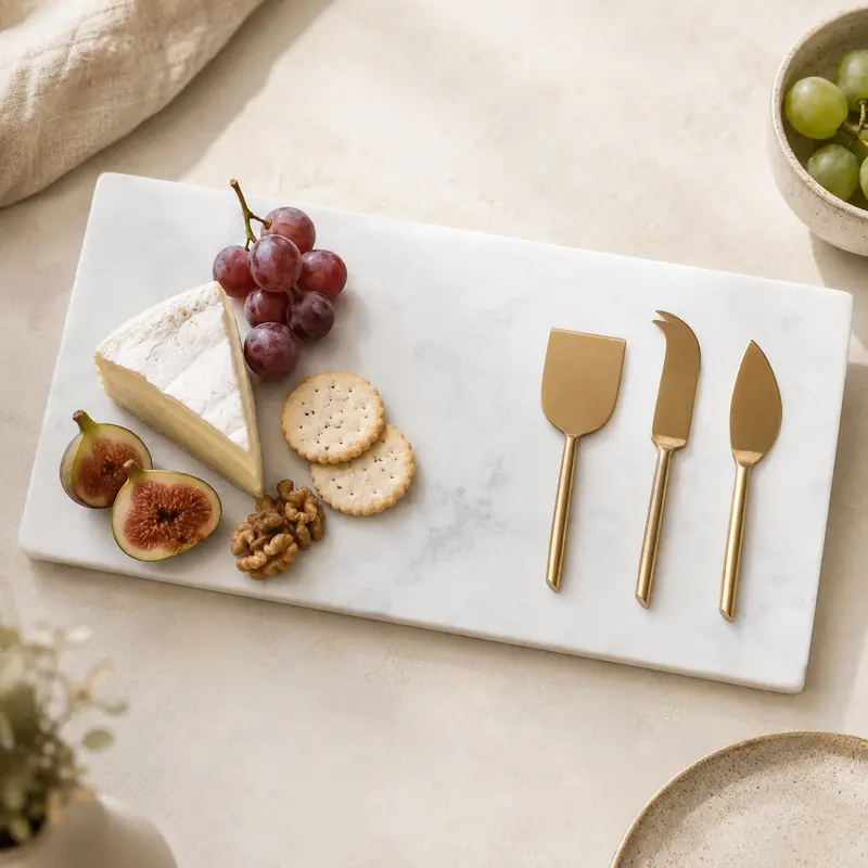 White Marble Board with Brass Cheese Knife Set