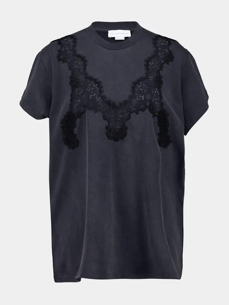 Washed Black Lace Detail Relaxed T-Shirt